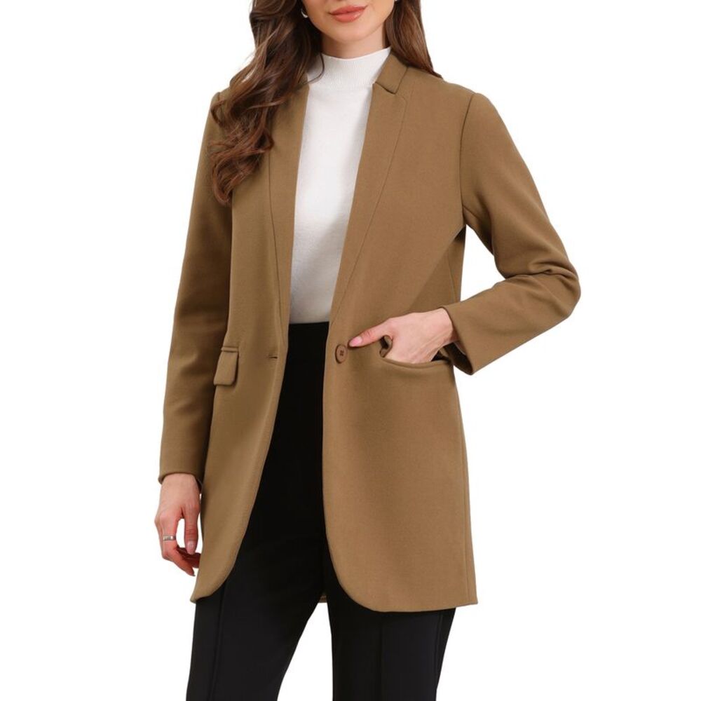 Women Business Casual Notch Collar Button Down Blazer Coat Khaki